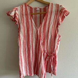 Old Navy Women’s Red and White Striped Linen Blend Summer Wrap Top Sz L